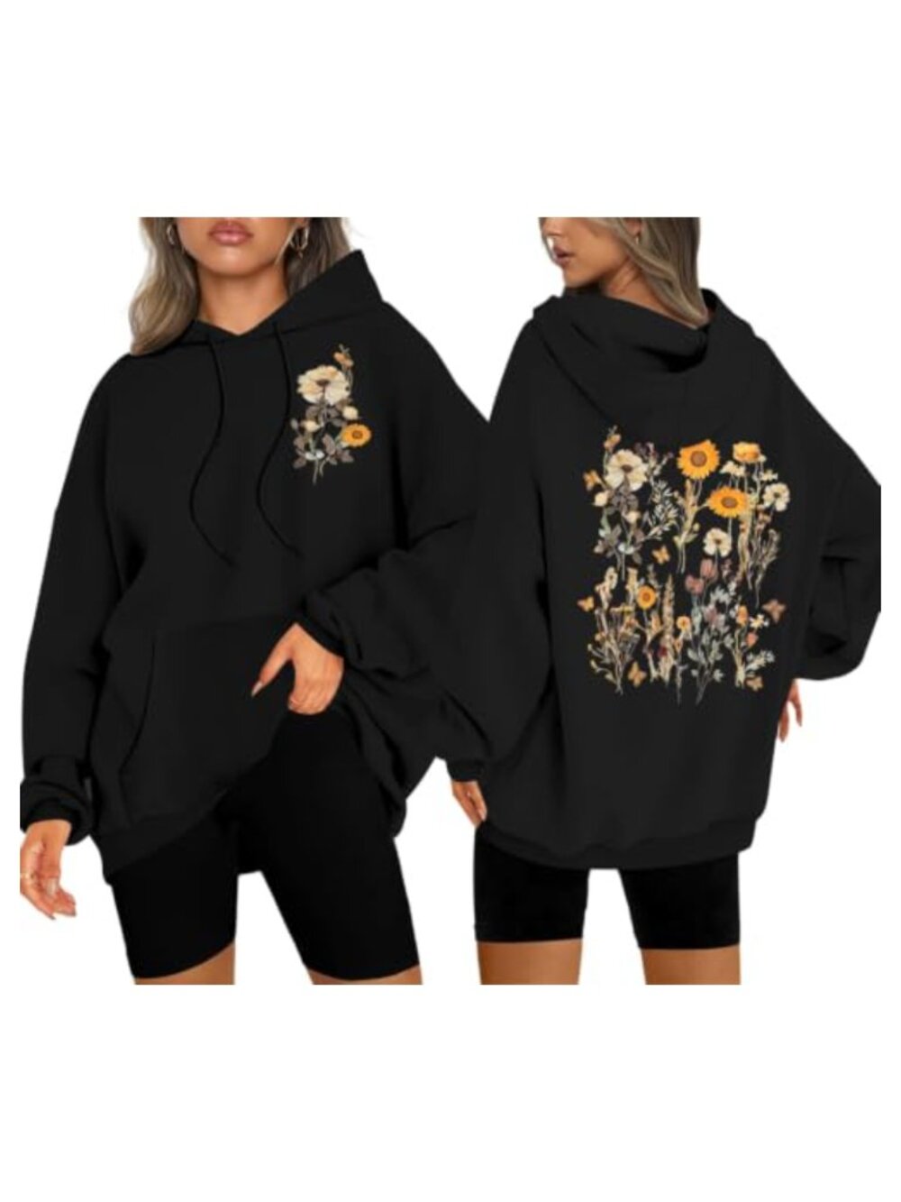 Boho Floral Graphic Hoodie Oversized Cotton Blend Womens Sweatshirt